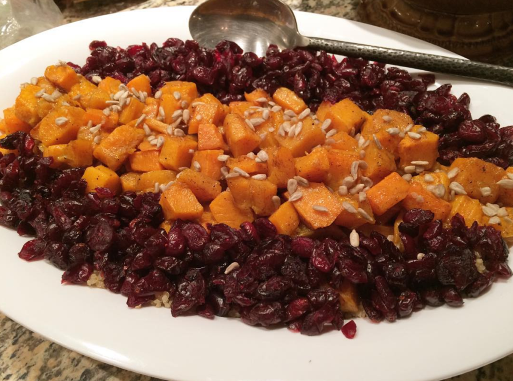 Roasted Butternut Squash with Honey, Cinnamon and Nutmeg over Quinoa and Dried Cranberries