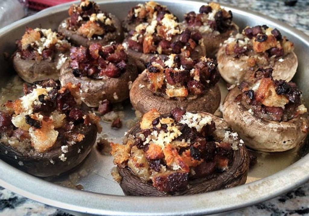 Mushrooms with Sausage, Onion, Mushroom, Challah Crouton Stuffing