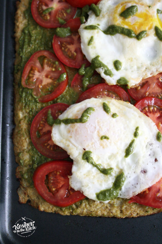 Cauliflower Crust Pizza with Pesto & Eggs Kosher In The Kitch!