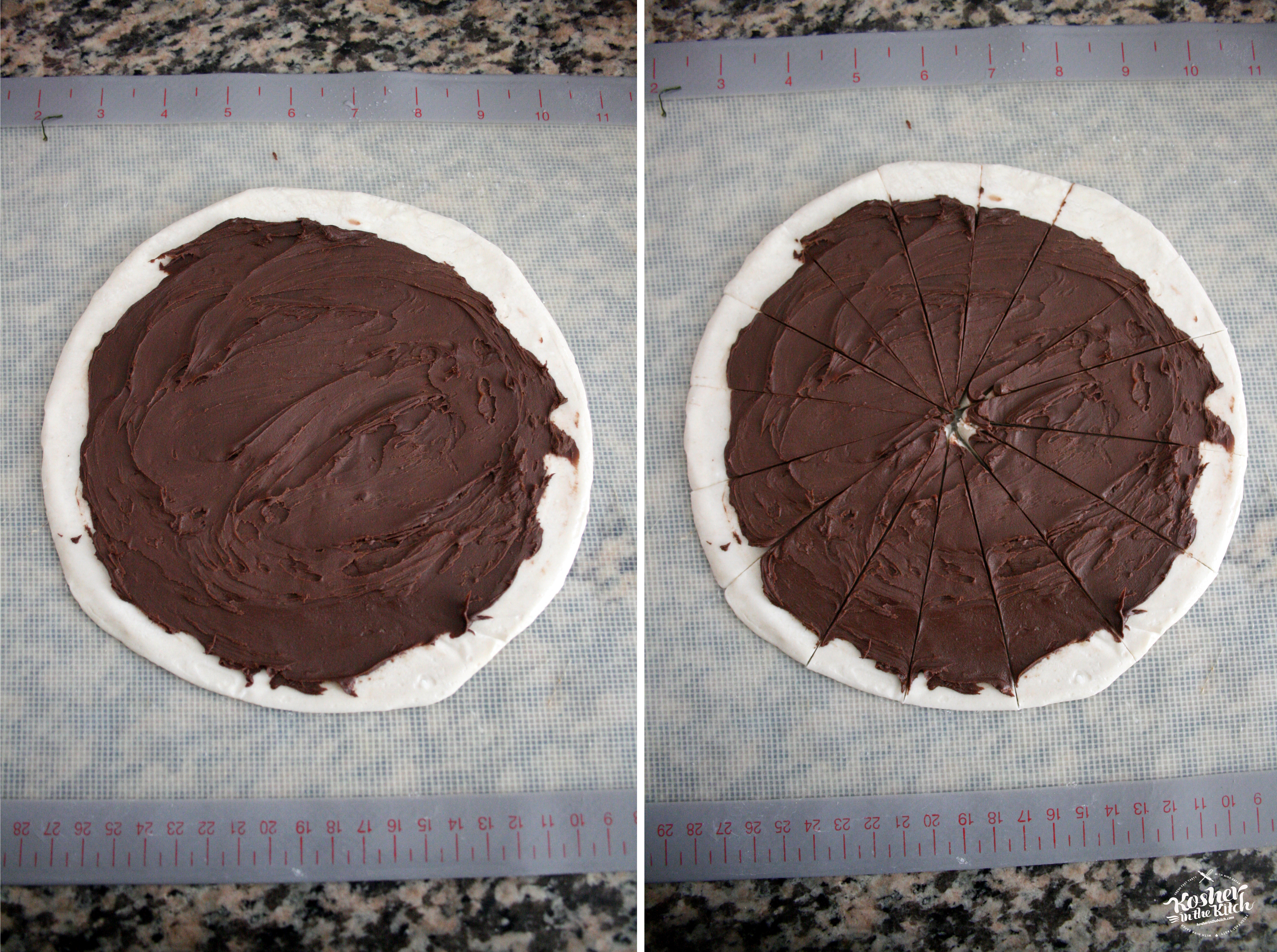 Smear chocolate spread over malawach, then cut lines acrosss dough forming triangles 