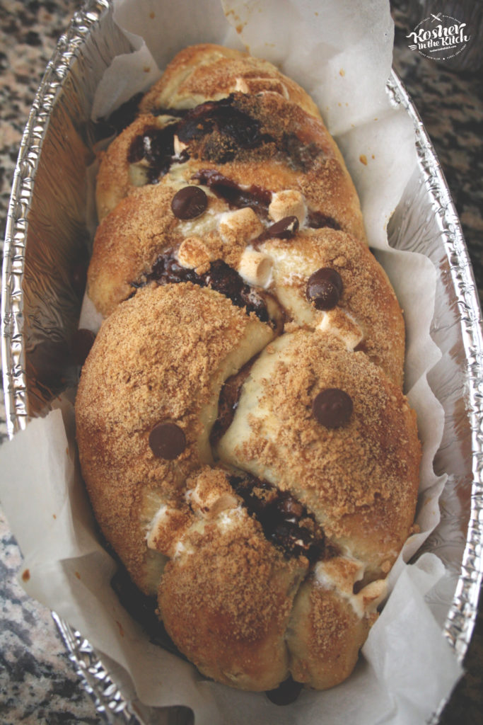 S'mores Challah stuffed with Marshmallows, Chocolate Chips and Crushed Graham Crackers