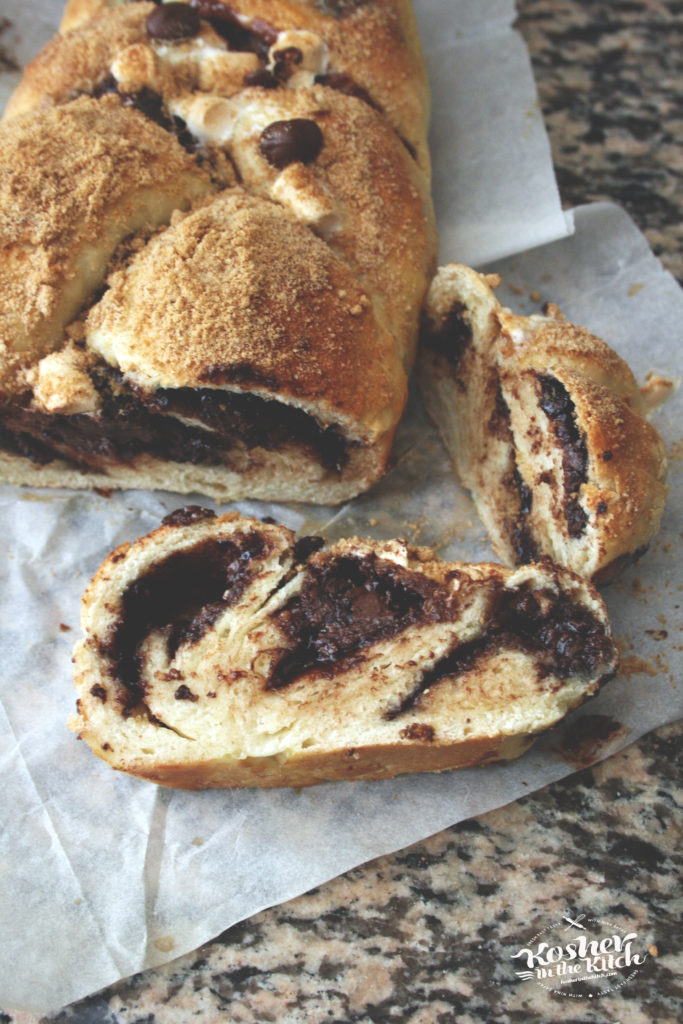 S'mores Challah stuffed with Marshmallows, Chocolate Chips and Crushed Graham Crackers