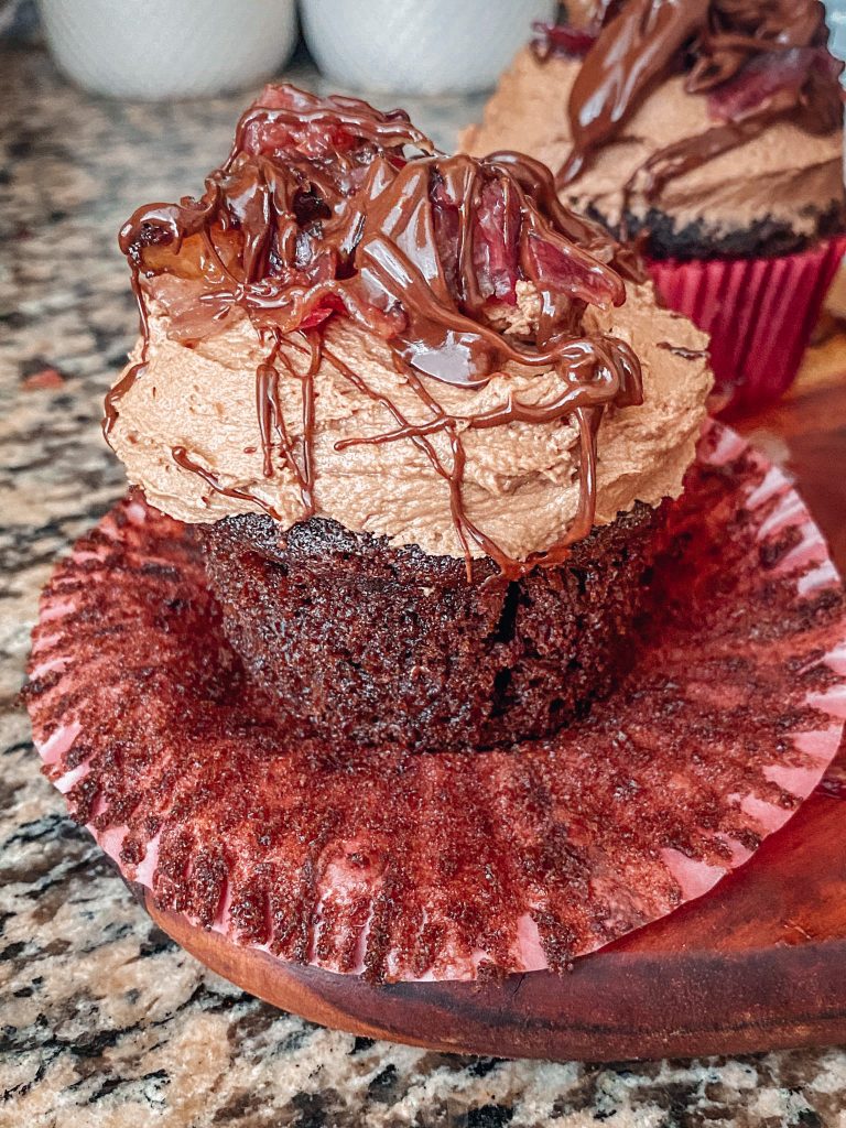 Chocolate stuffed Cupcakes topped with Chocolate Frosting and KOSHER Candied Beef Bacon Bits