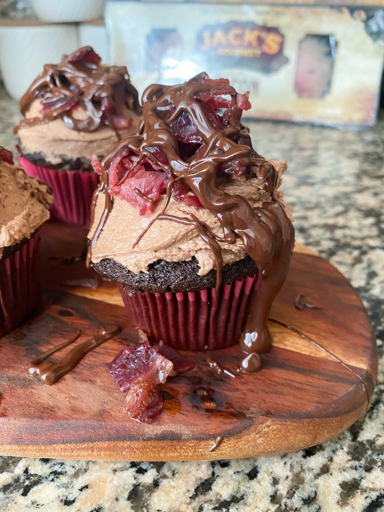 Chocolate stuffed Cupcakes with Chocolate Frosting & Kosher Candied Beef Bacon Bits