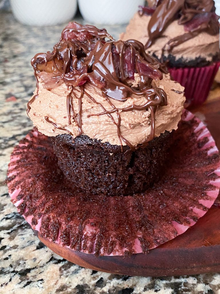 Chocolate stuffed Cupcakes with Chocolate Frosting & Kosher Candied Beef Bacon Bits