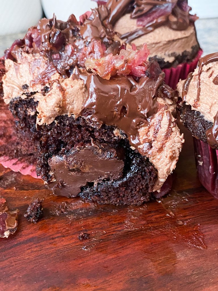 Chocolate stuffed Cupcakes with Chocolate Frosting & Kosher Candied Beef Bacon Bits