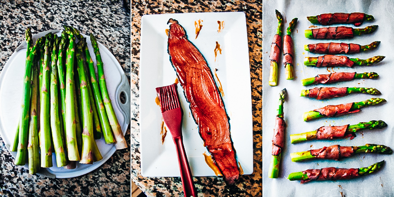 BBQ Pastrami Wrapped Asparagus glazed with BBQ sauce baked until crispy on a sheet pan