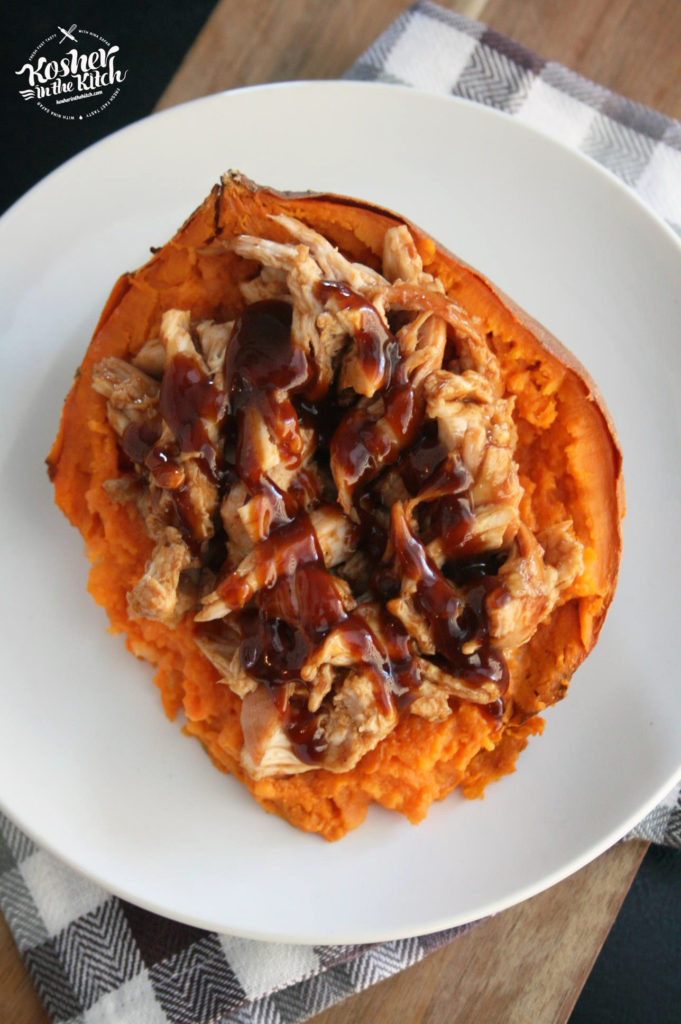 Shredded BBQ Chicken over Baked Sweet Potato