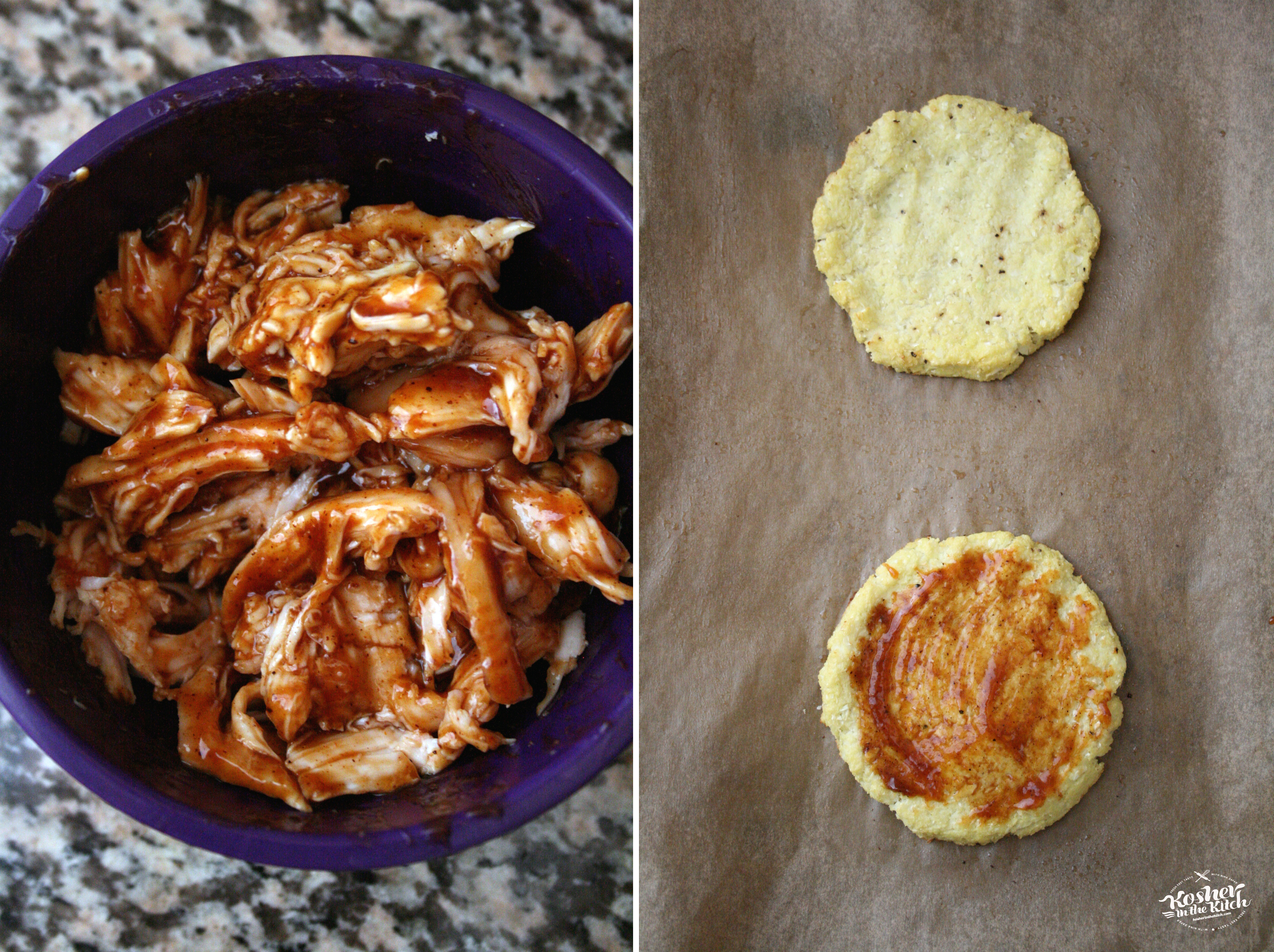 Combine shredded chicken in BBQ sauce and brush bbq sauce over cooked cauliflower crust