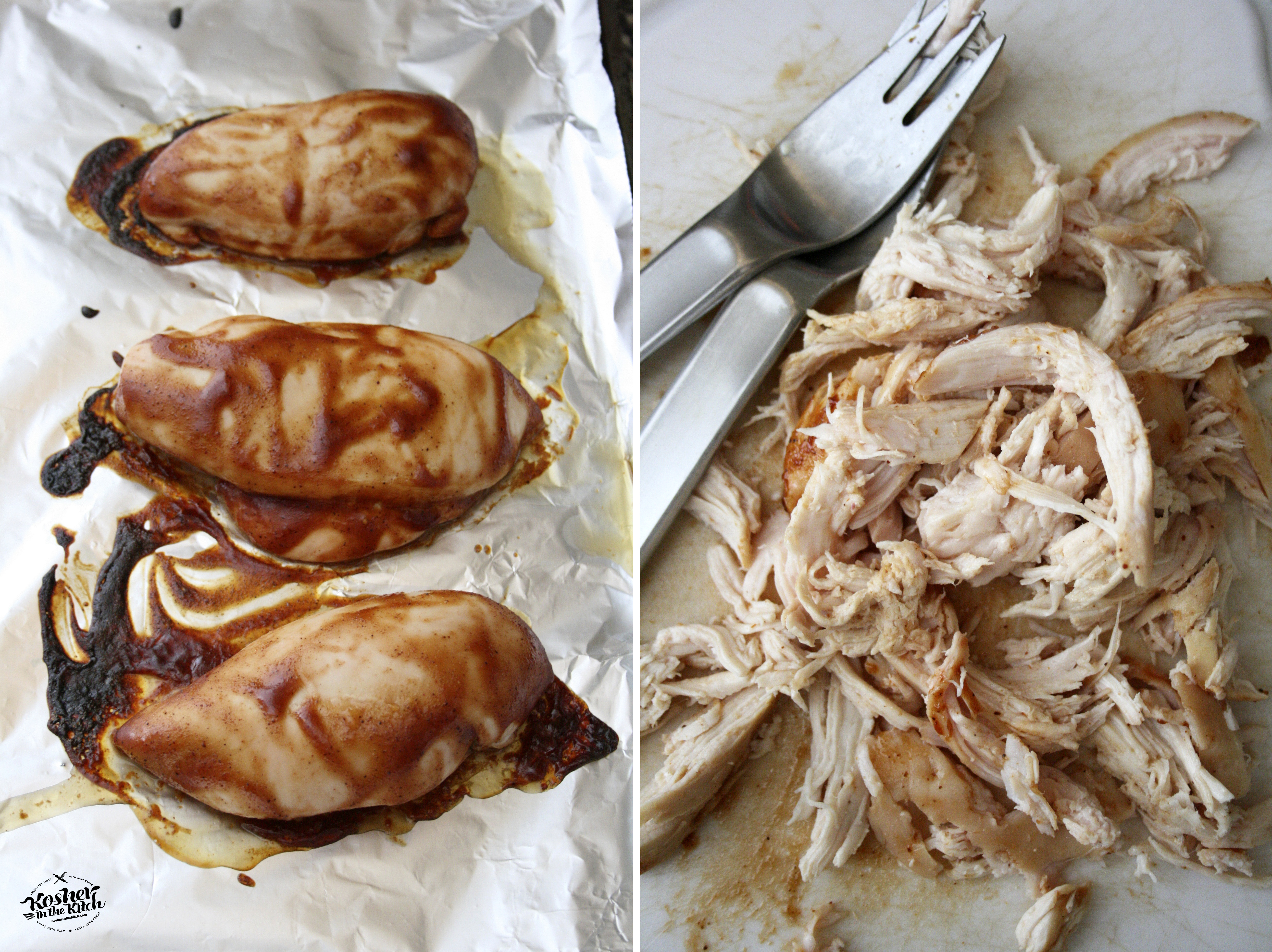 Shred BBQ chicken using two forks