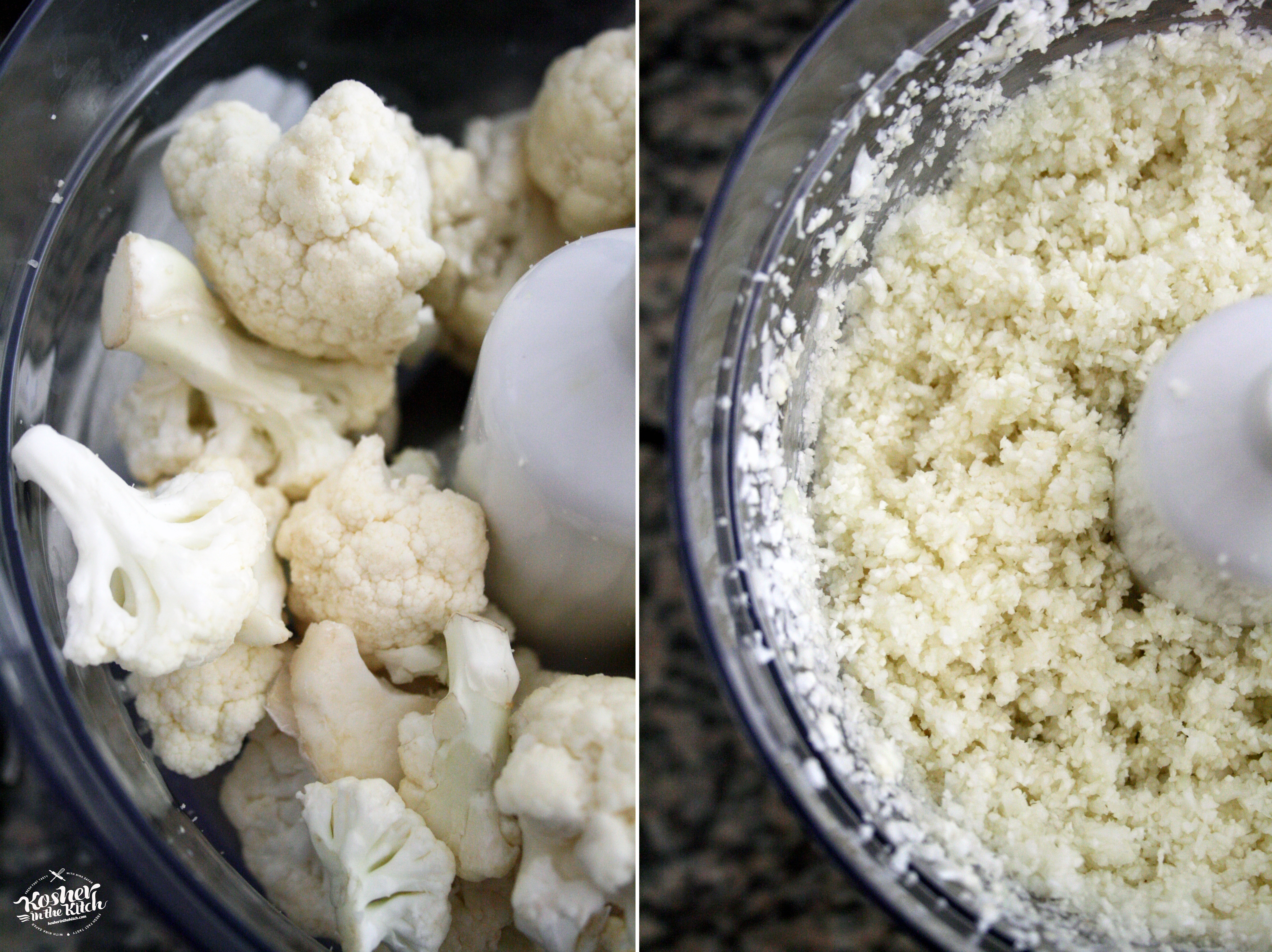 Rice Cauliflower by placing cauliflower pieces in processor