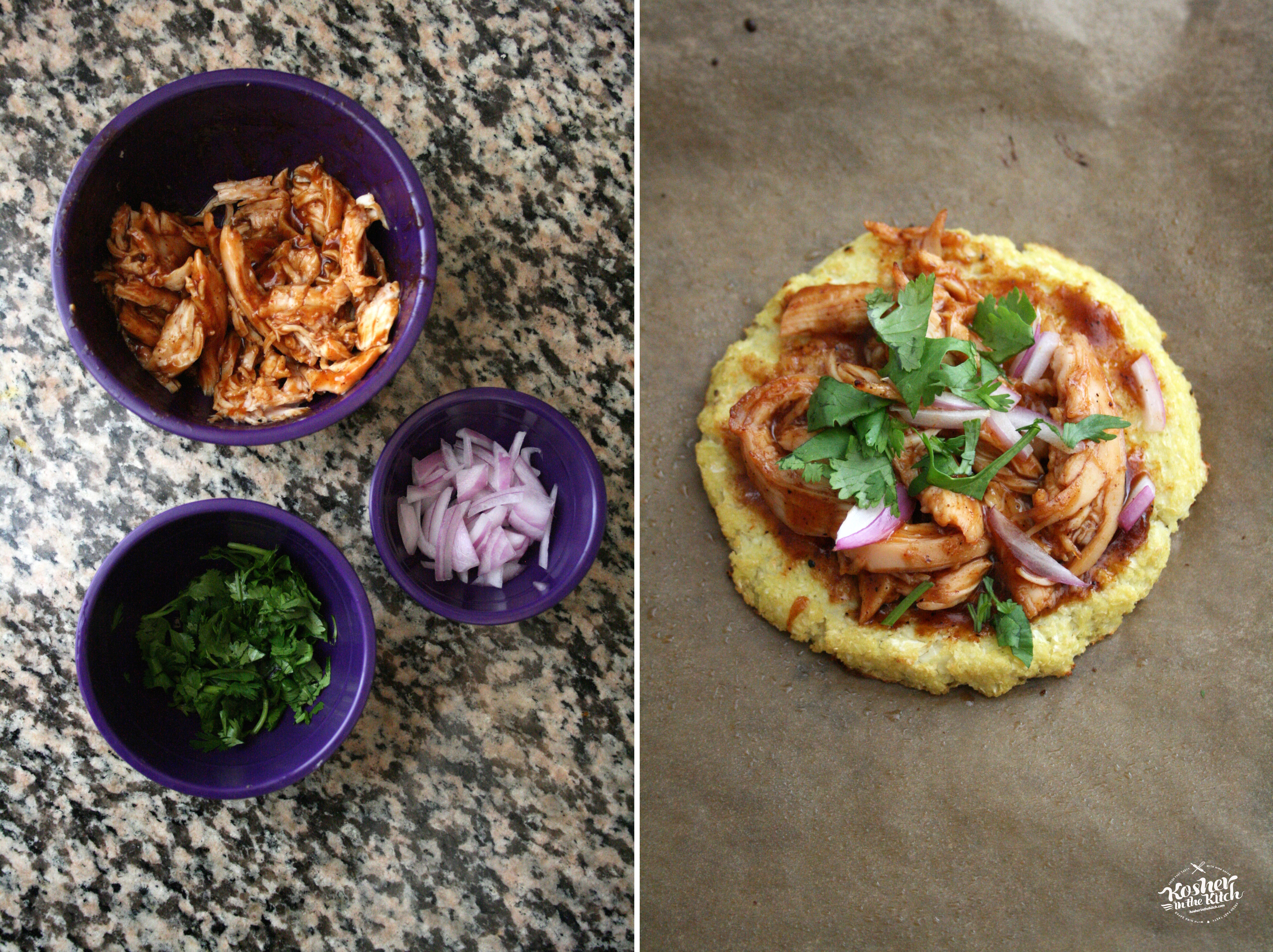 Layer shredded bbq chicken, onion and cilantro on cooked cauliflower crust