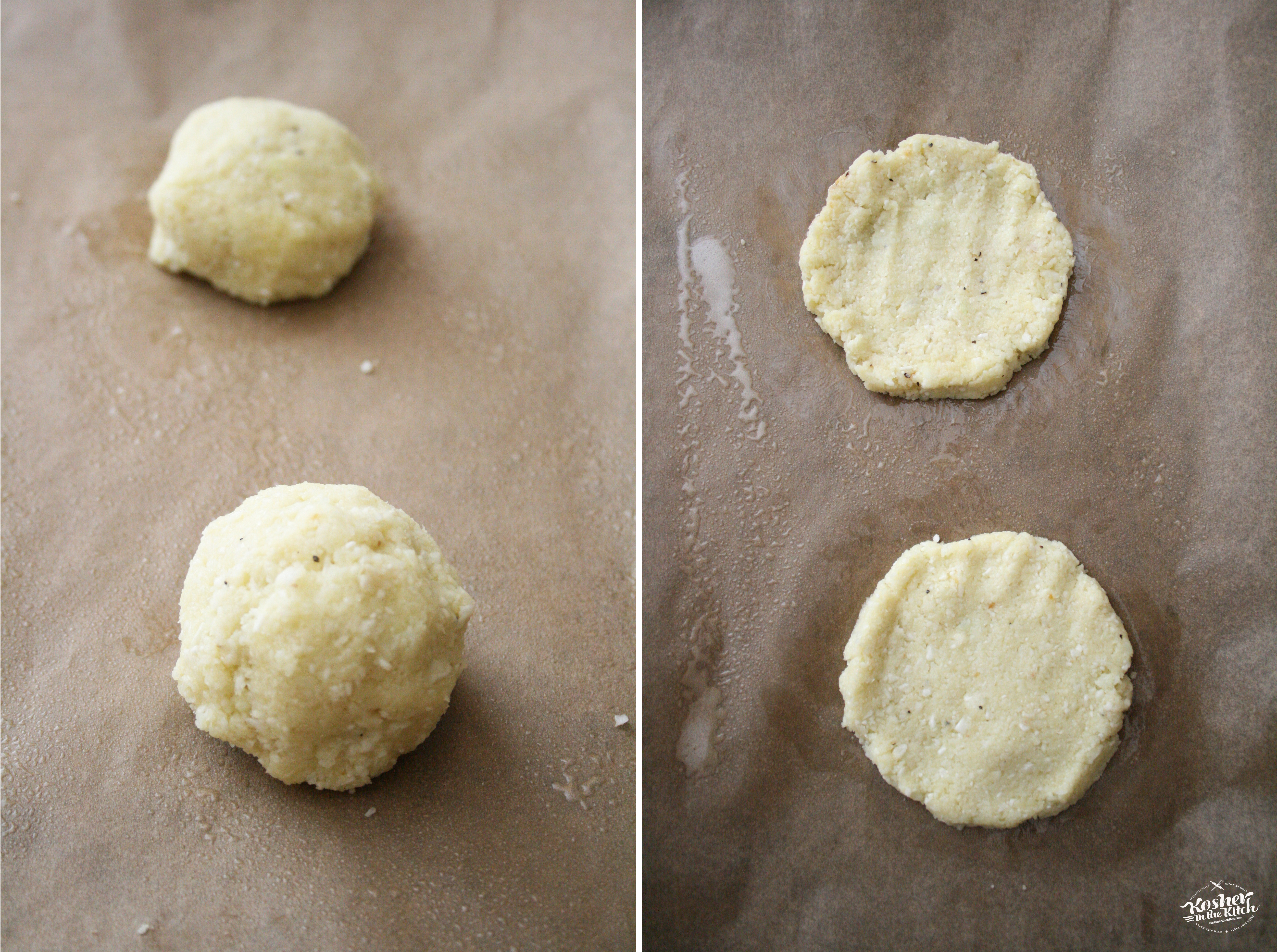 Roll dough into individual sized balls, then flatten