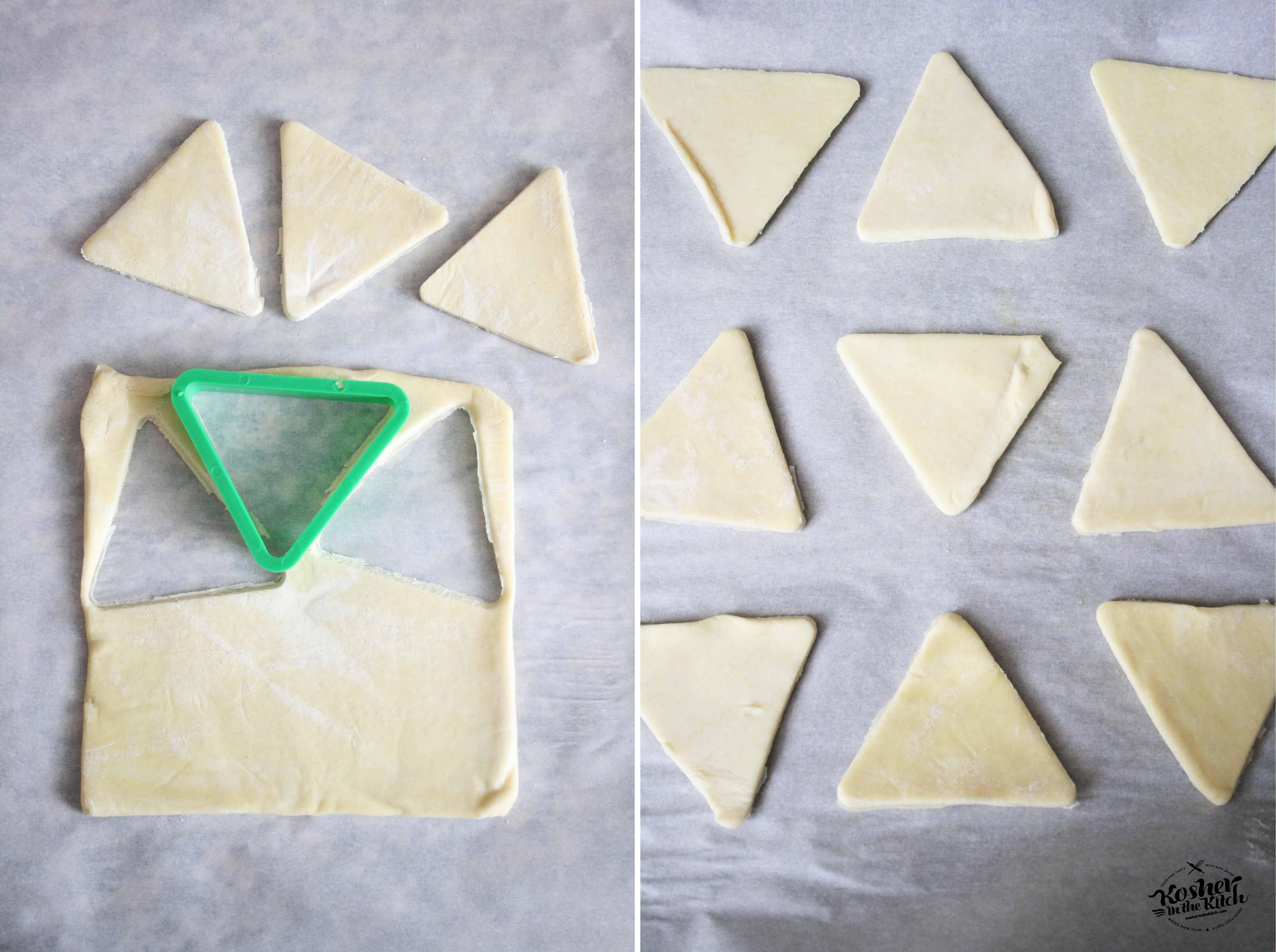 Cut triangles out of puff pastry using cookie cutter