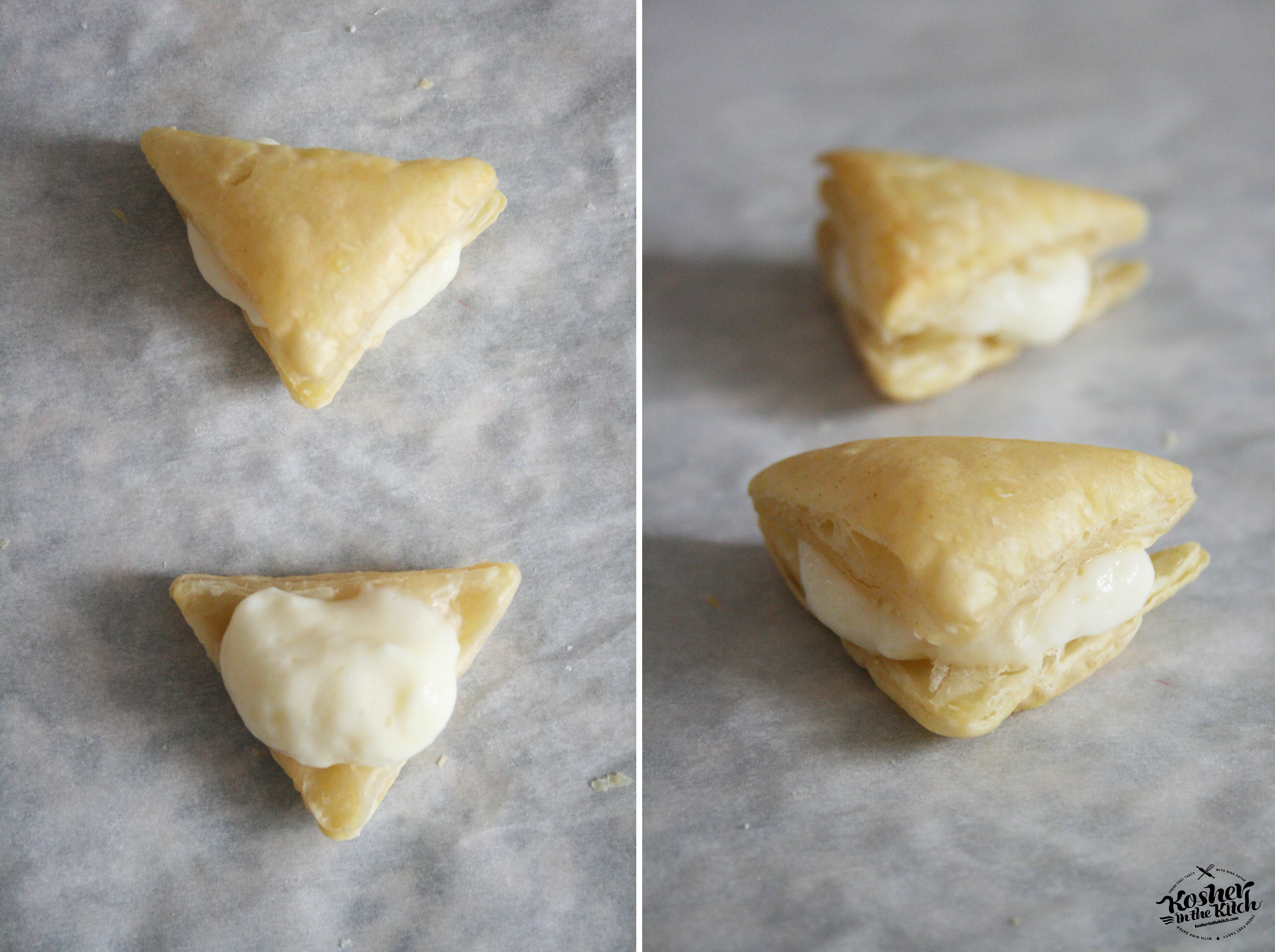 Place vanilla pudding on top of one layer of puff pastry then top with remaining layer