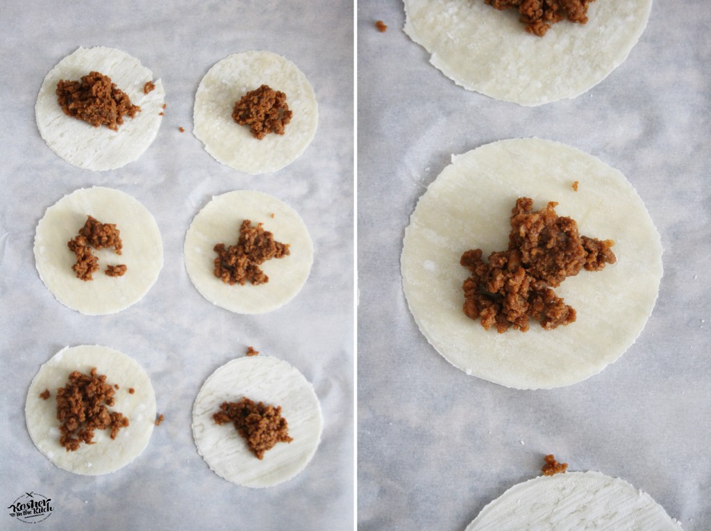 Fill center of dough with veggie crumbles