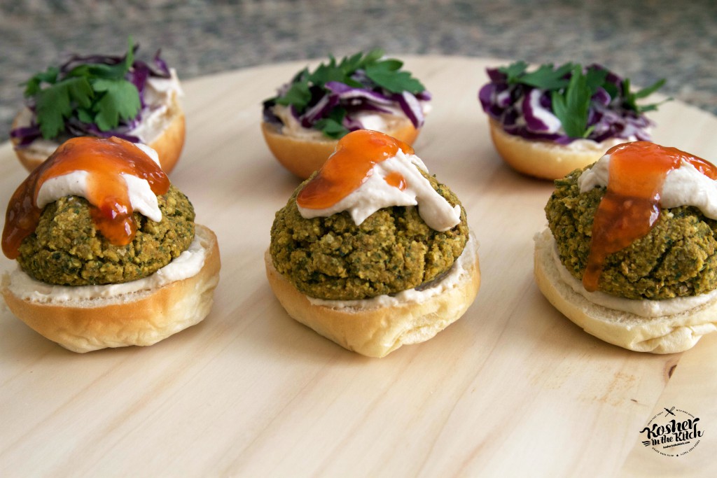 Stuffed falafel balls, baked, served on slider buns