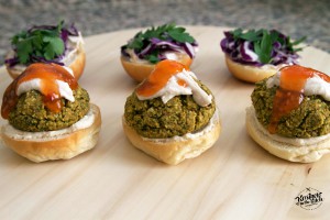 Stuffed falafel balls, baked, served on slider buns