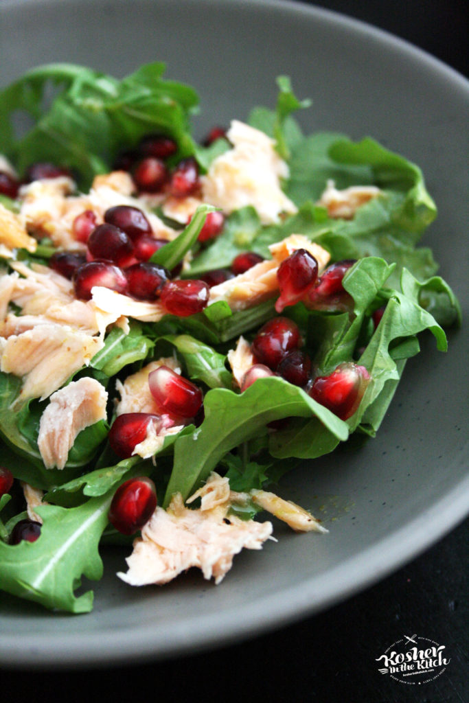 Salmon Arugula Salad with Pomegranate Seeds & Honey Mustard Vinaigrette