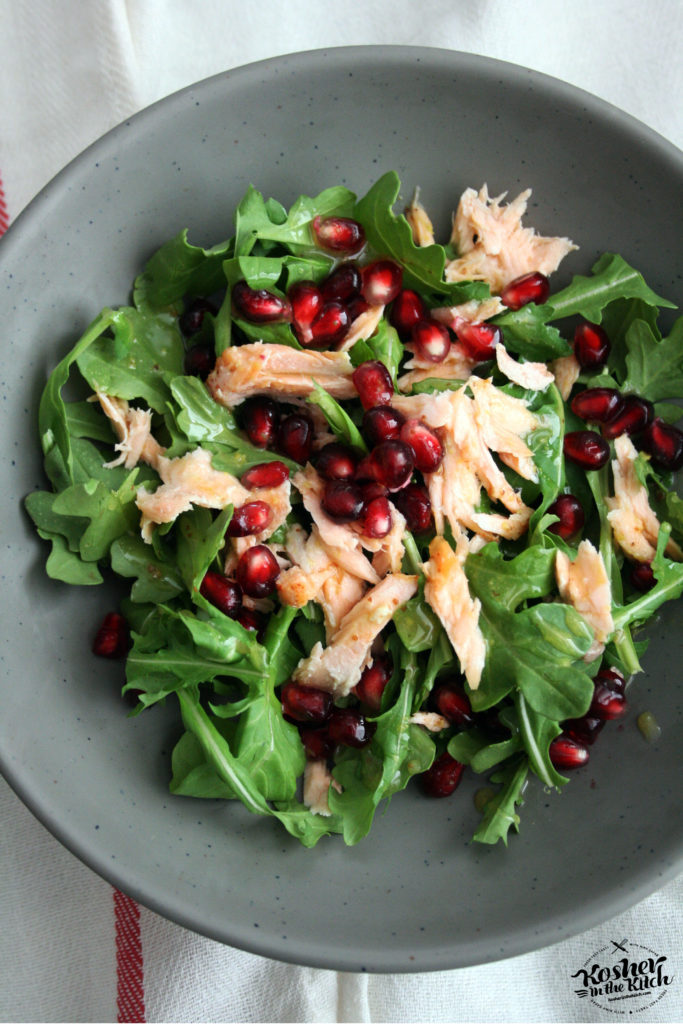 Salmon Arugula Salad with Pomegranate Seeds & Honey Mustard Vinaigrette