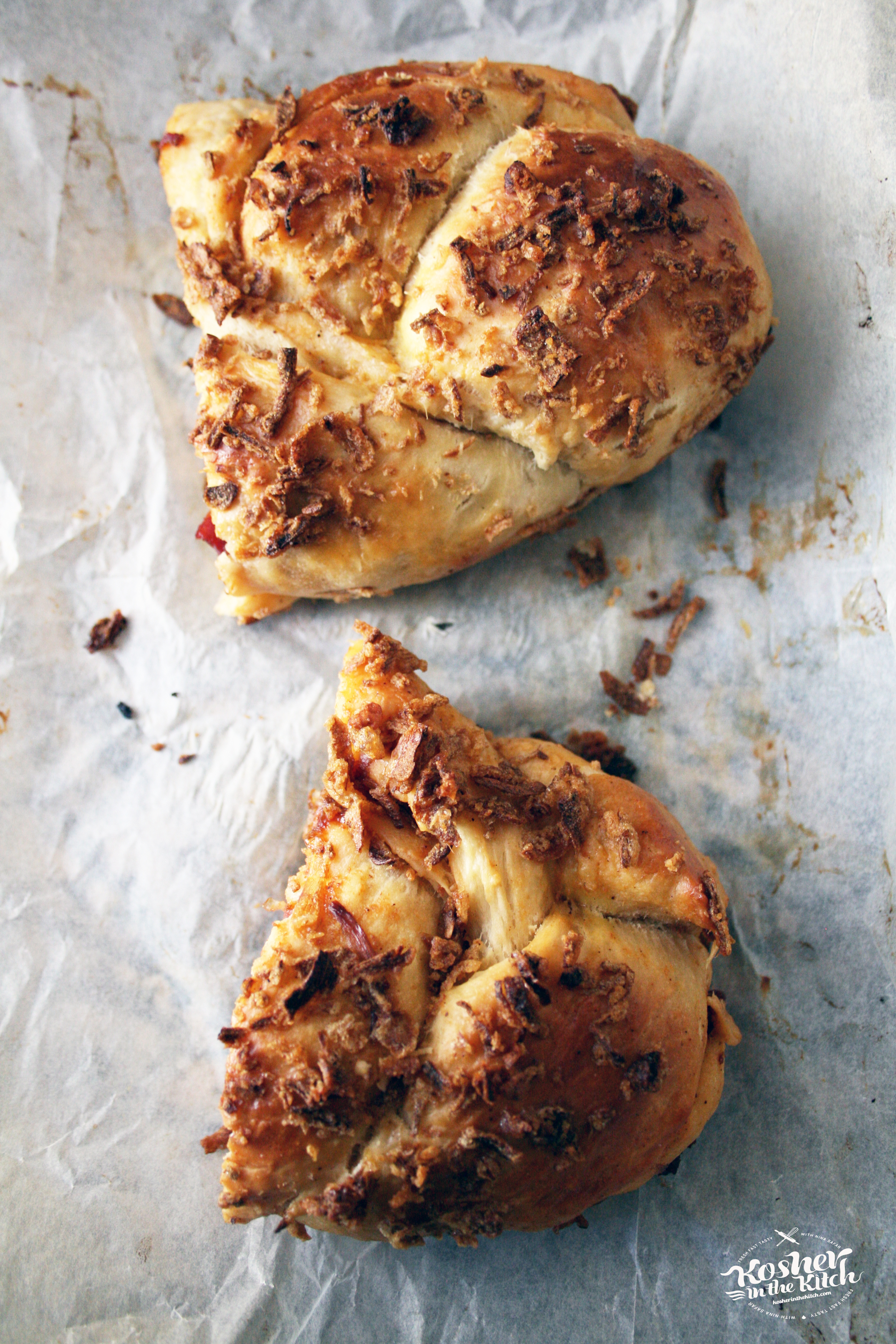 BBQ Pastrami Stuffed Challah with Crunchy Onions