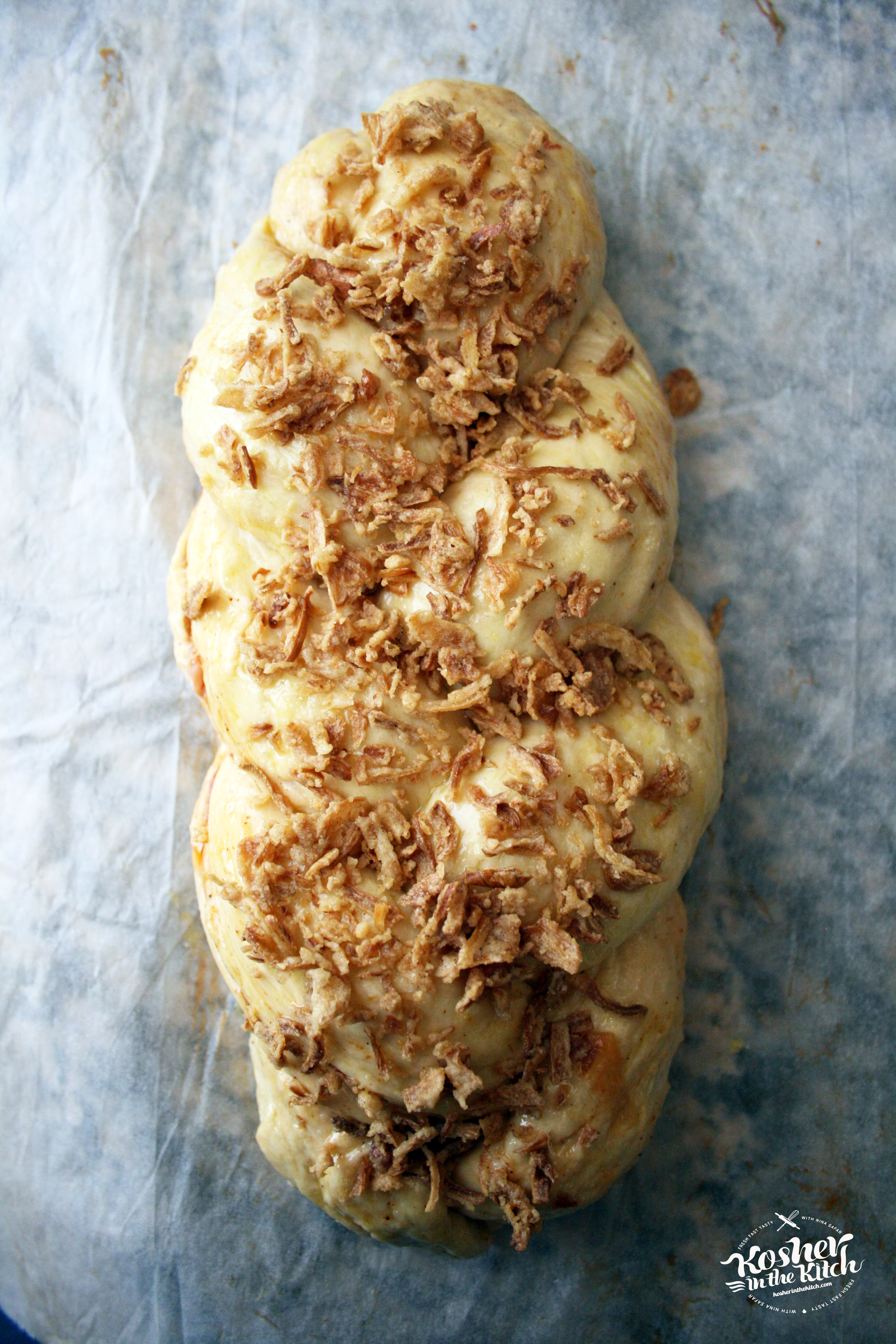 BBQ Pastrami Stuffed Challah with Crunchy Onions
