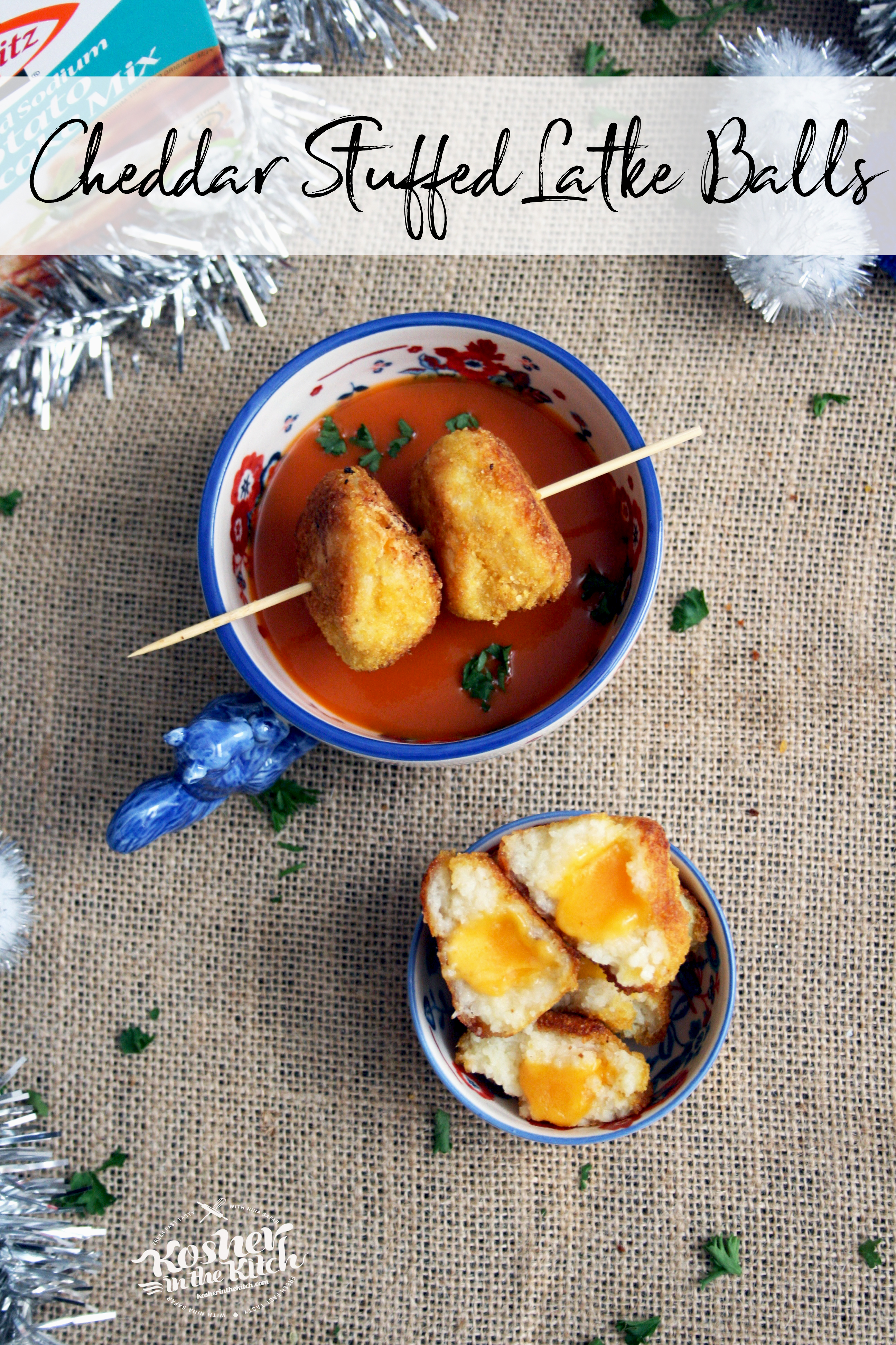 Cheddar Stuffed Latke Balls and Tomato Soup