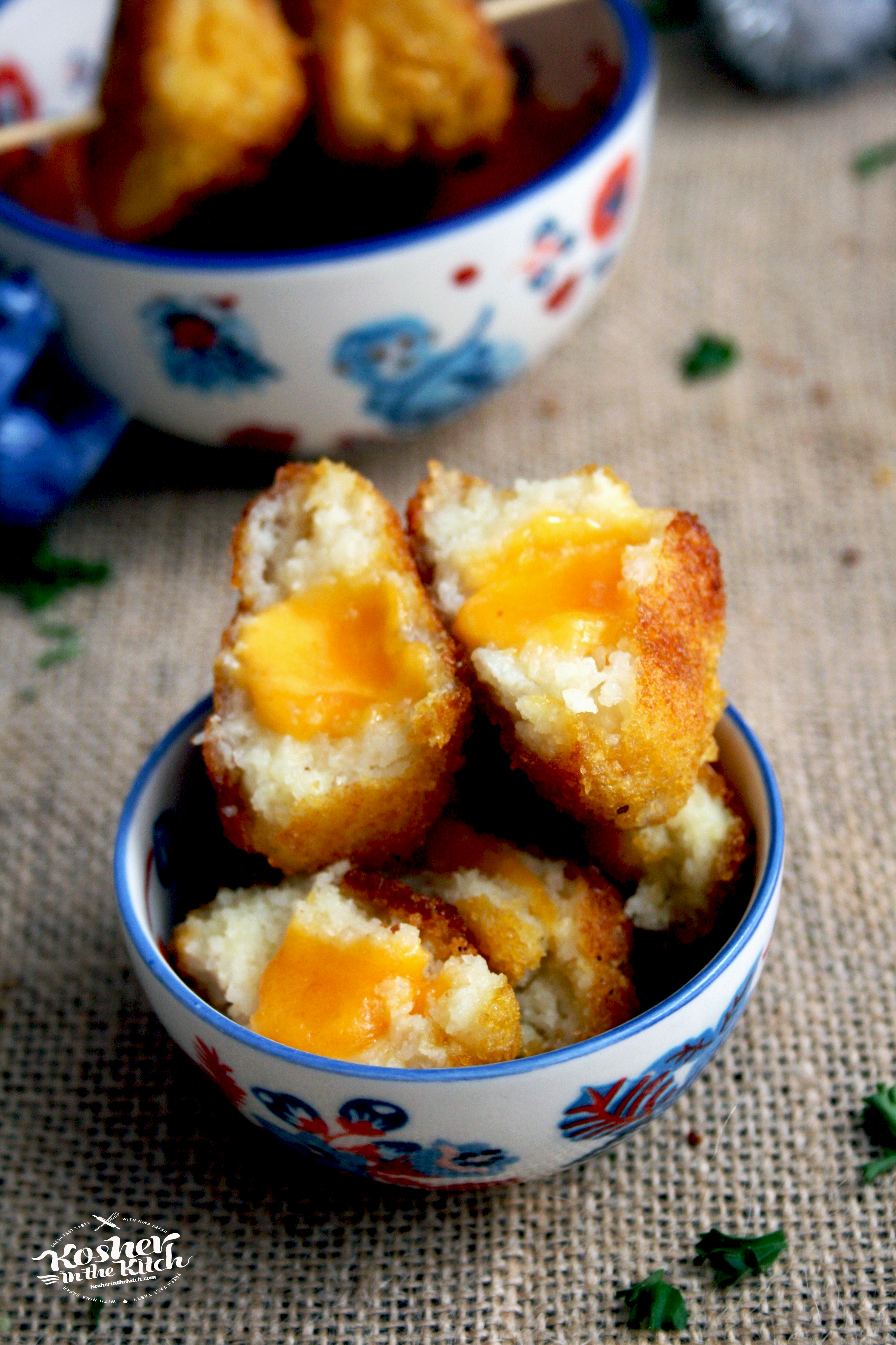 Cheddar Stuffed Latke Balls and Tomato Soup