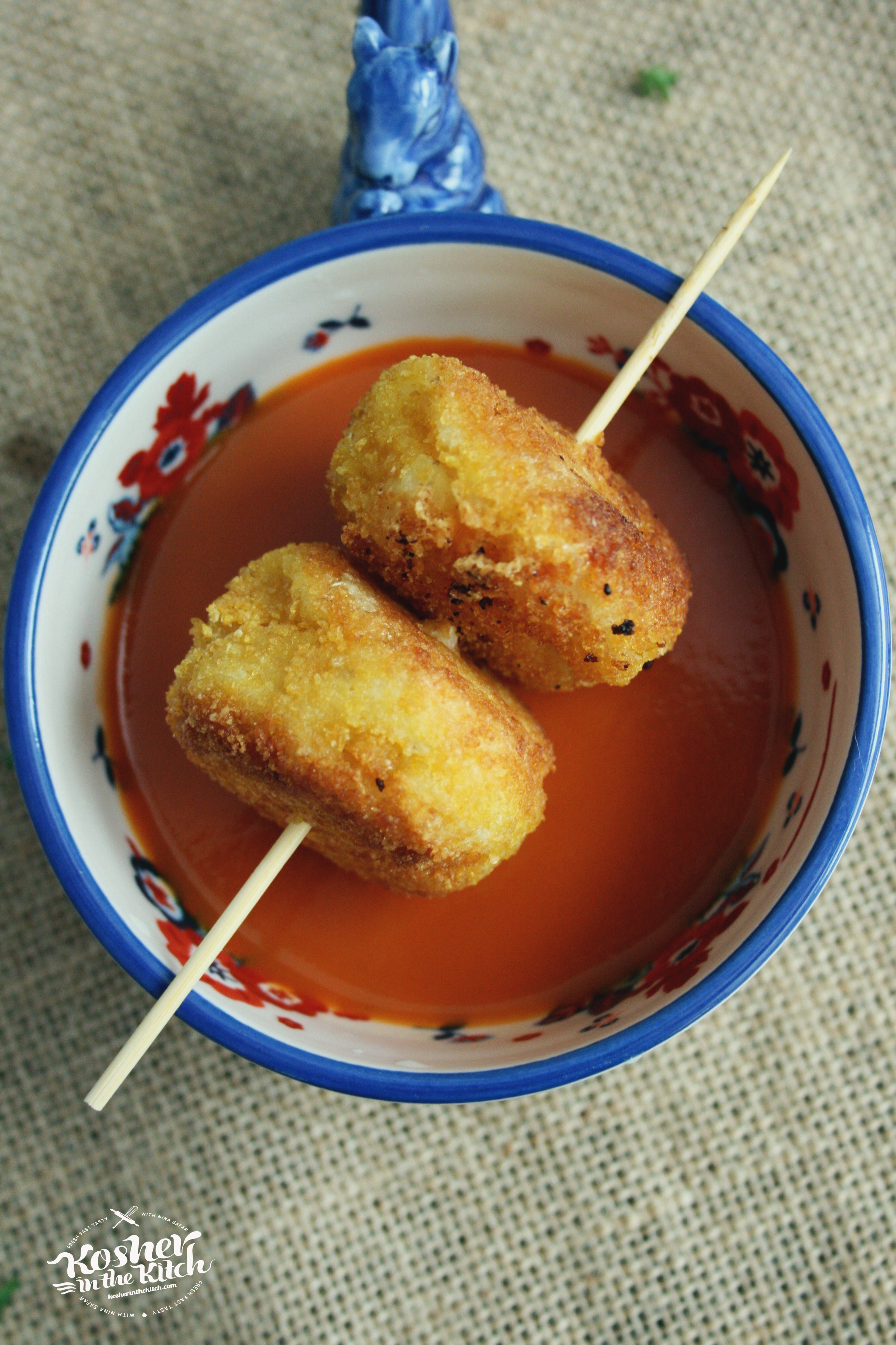 Cheddar Stuffed Latke Balls and Tomato Soup