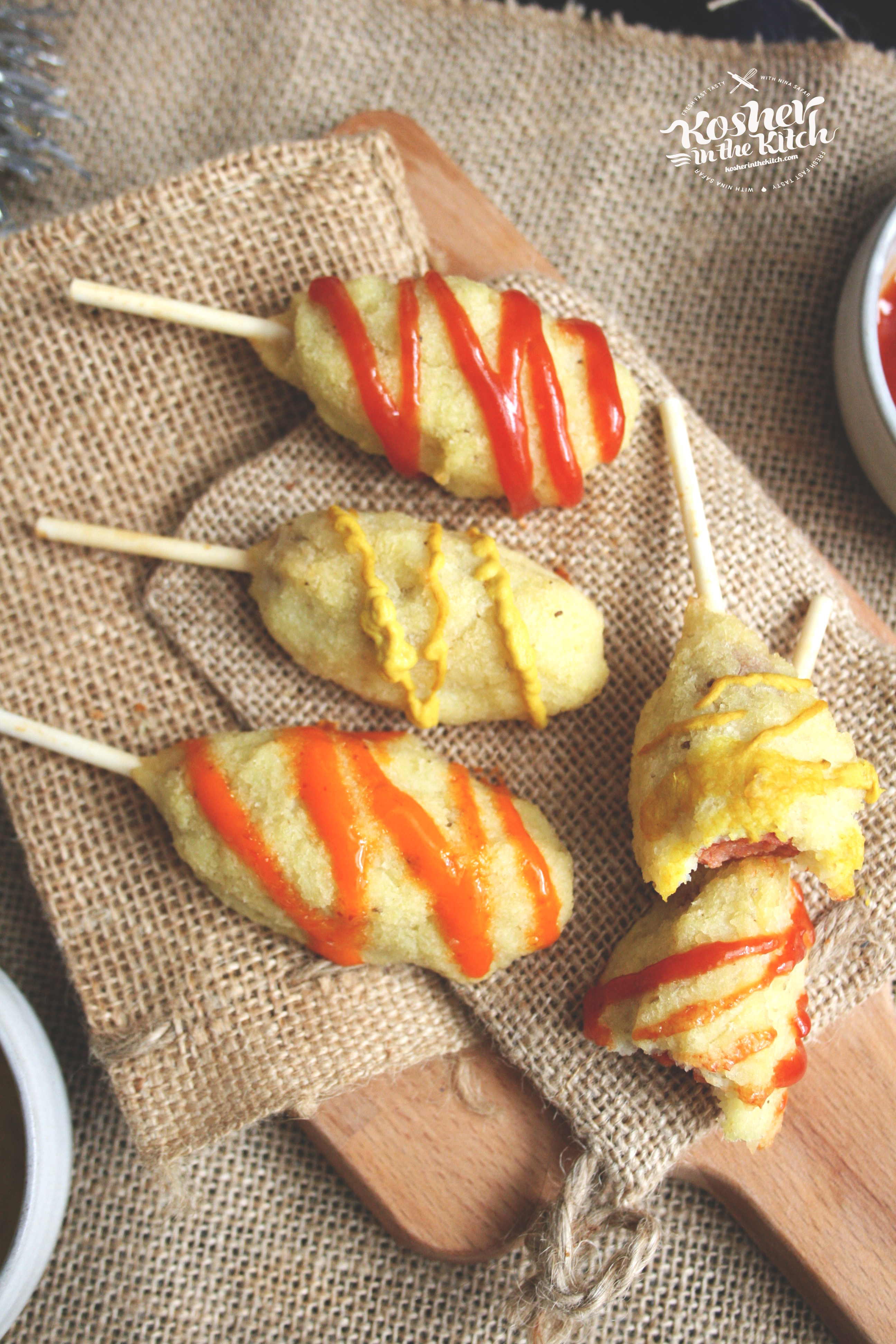 Latke Dogs {Hanukkah Corn Dogs} Mini Franks coated with Latkes Batter