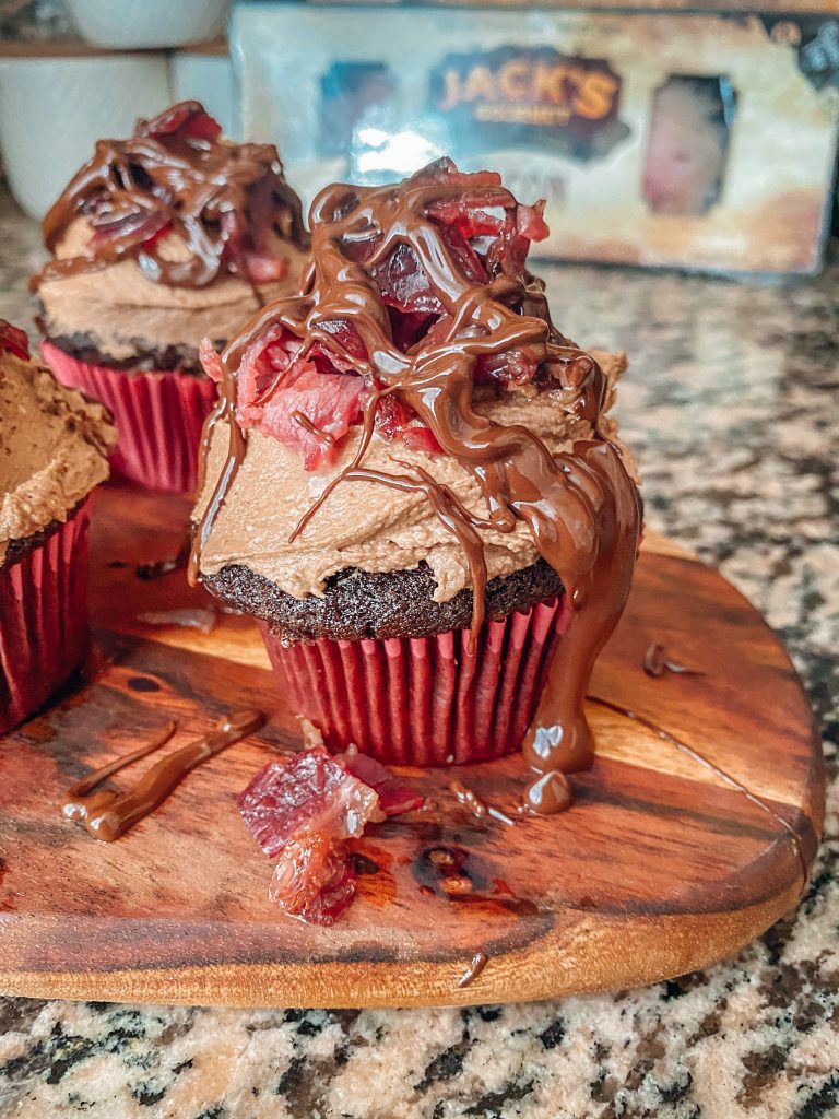 Chocolate stuffed Cupcakes topped with Chocolate Frosting and KOSHER Candied Beef Bacon Bits