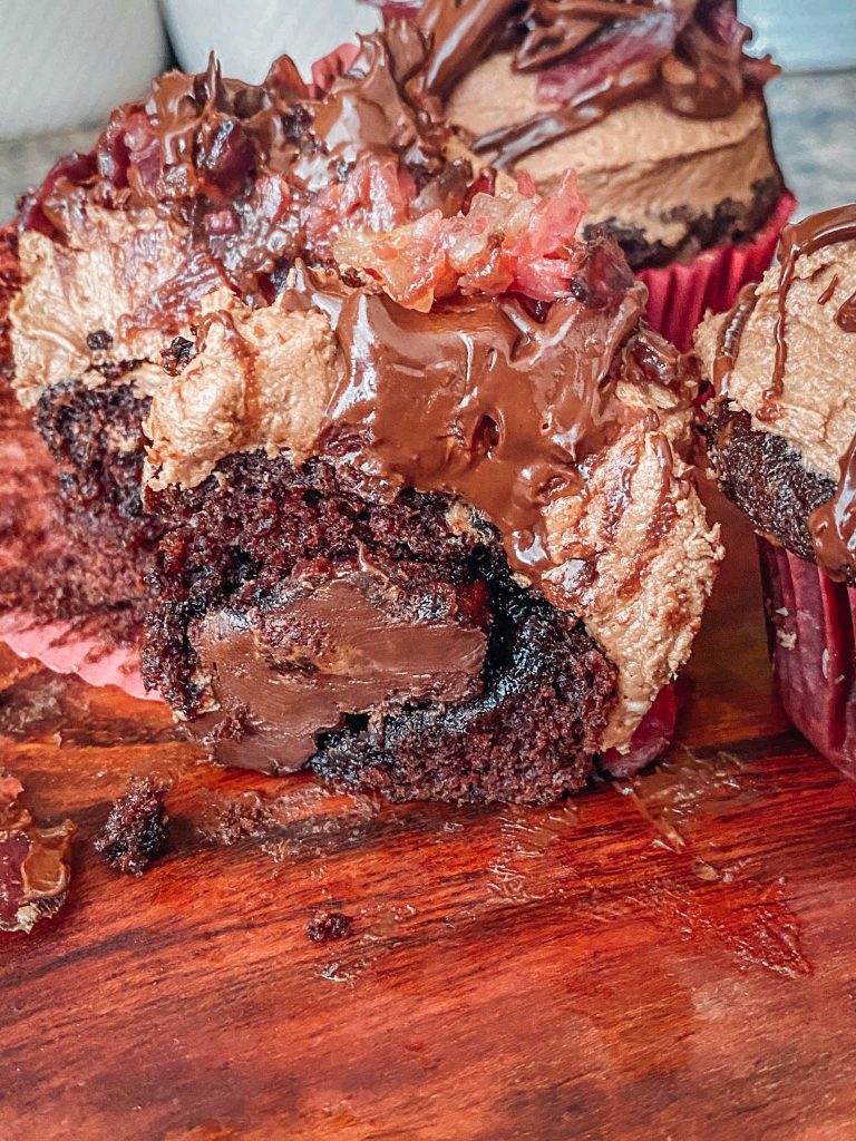 Chocolate stuffed Cupcakes topped with Chocolate Frosting and KOSHER Candied Beef Bacon Bits