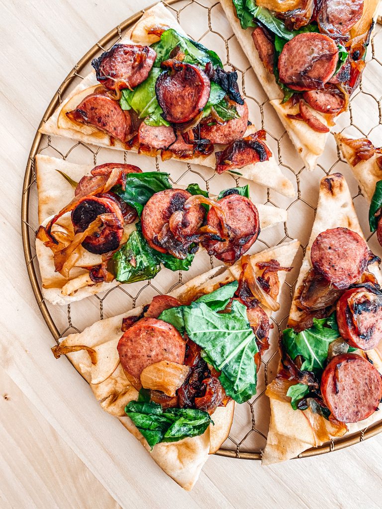 Sausage Flatbread Pizza with Apples & Honey Vinaigrette