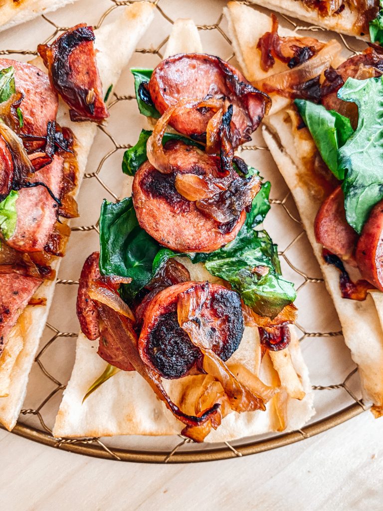 Sausage Flatbread Pizza with Apples & Honey Vinaigrette