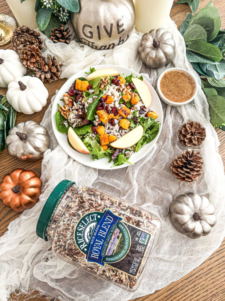 RiceSelect Fall Harvest Salad with blend rice, tart dried cranberries, roasted butternut squash, crisp apples, walnuts and a tangy mustard vinaigrette.