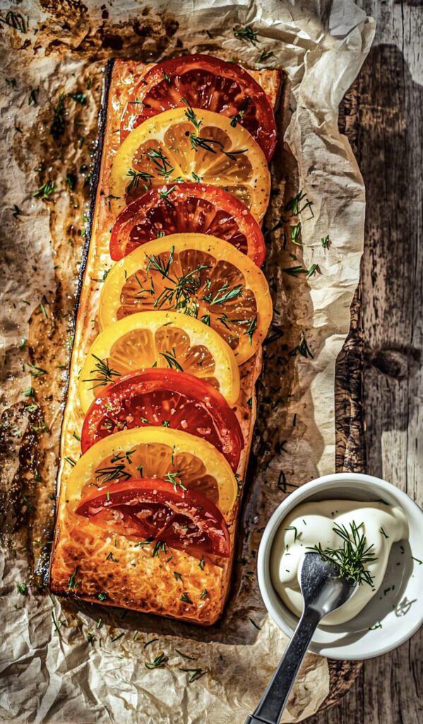 Baked salmon fillet topped with lemon and tomato slices, sprinkled with dill.