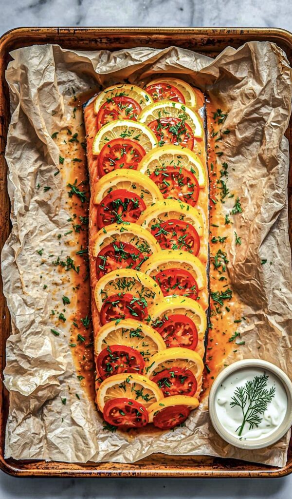 Whole baked salmon fillet topped with lemon and tomato slices, sprinkled with fresh dill.